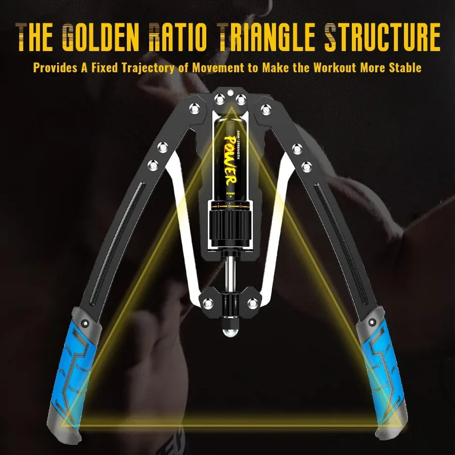 Illustration of the Twister Arm Exerciser—Adjustable 22-440lbs—with blue handles, showing a golden ratio triangle design. Yellow lines highlight its stable structure; bold text details strength and muscle training benefits for home workouts.