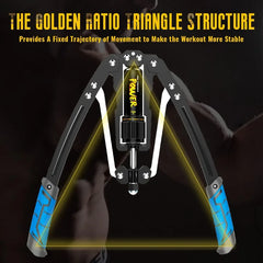 Illustration of the Twister Arm Exerciser—Adjustable 22-440lbs—with blue handles, showing a golden ratio triangle design. Yellow lines highlight its stable structure; bold text details strength and muscle training benefits for home workouts.
