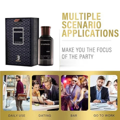 A bottle and box of Bharara King Men's Eau de Parfum 3.4oz (100ml) beside text promoting its refreshing citrus & musk scent for daily life, dating, bars, and work, with images of well-dressed men enjoying the long-lasting fragrance.