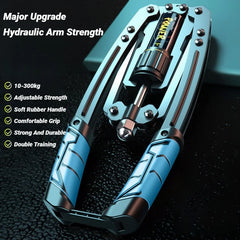The Adjustable 22-440 Pounds Arm Exerciser is a hydraulic power fitness tool for home use, ideal for chest and shoulder training. It features soft rubber handles, adjustable resistance, durable build, and offers double training options.