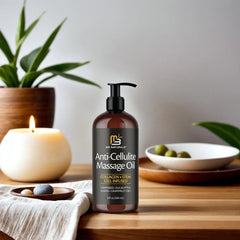 A 240ml bottle of M3 Naturals Anti-Cellulite Massage Oil with collagen and stem cells rests on a wooden table beside a lit candle, olives, and potted plants, evoking a serene spa setting inspired by Mainland China.