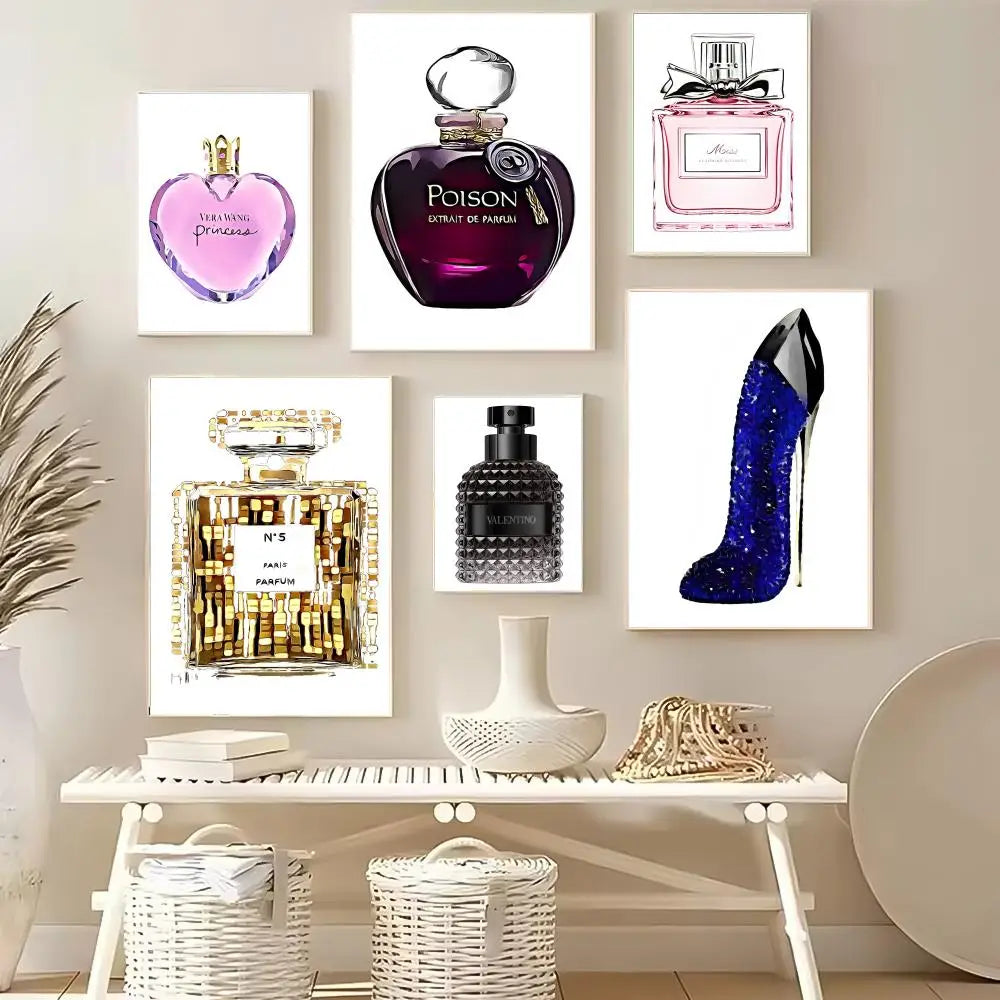 Six Perfume Bottle Prints Nordic Poster Wall Art stickers are displayed above a white bench with decor, adding modern, elegant style and creating a chic Nordic wall art arrangement for your living room or bedroom.