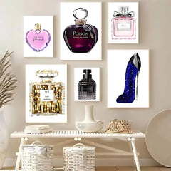 Six Perfume Bottle Prints Nordic Poster Wall Art stickers are displayed above a white bench with decor, adding modern, elegant style and creating a chic Nordic wall art arrangement for your living room or bedroom.