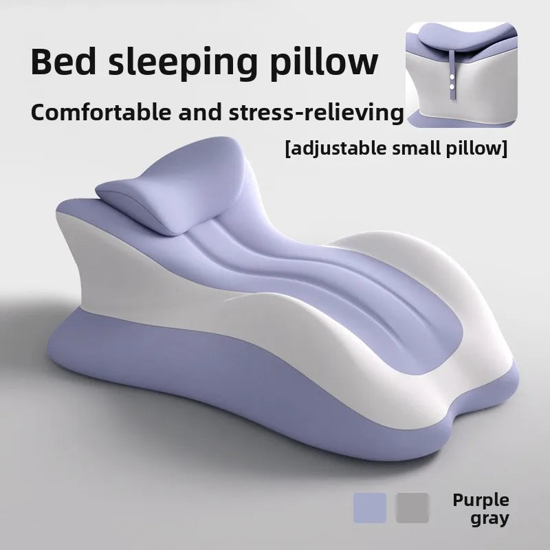 The Memory Foam Bed Wedge Pillow eases snoring, acid reflux, neck/back/leg pain, and aids in post-surgery recovery. Ergonomic and wavy in purple/gray with an adjustable small pillow. For massage & relaxation. No batteries included. Made in China.