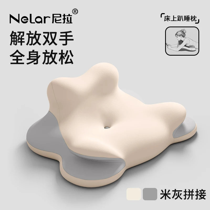 The Bed Lie Down Pillow is a beige and gray ergonomic memory foam cushion with an abstract shape, shown on a light gray background with Chinese text, a person using the pillow illustration, and a color swatch displayed beside it.
