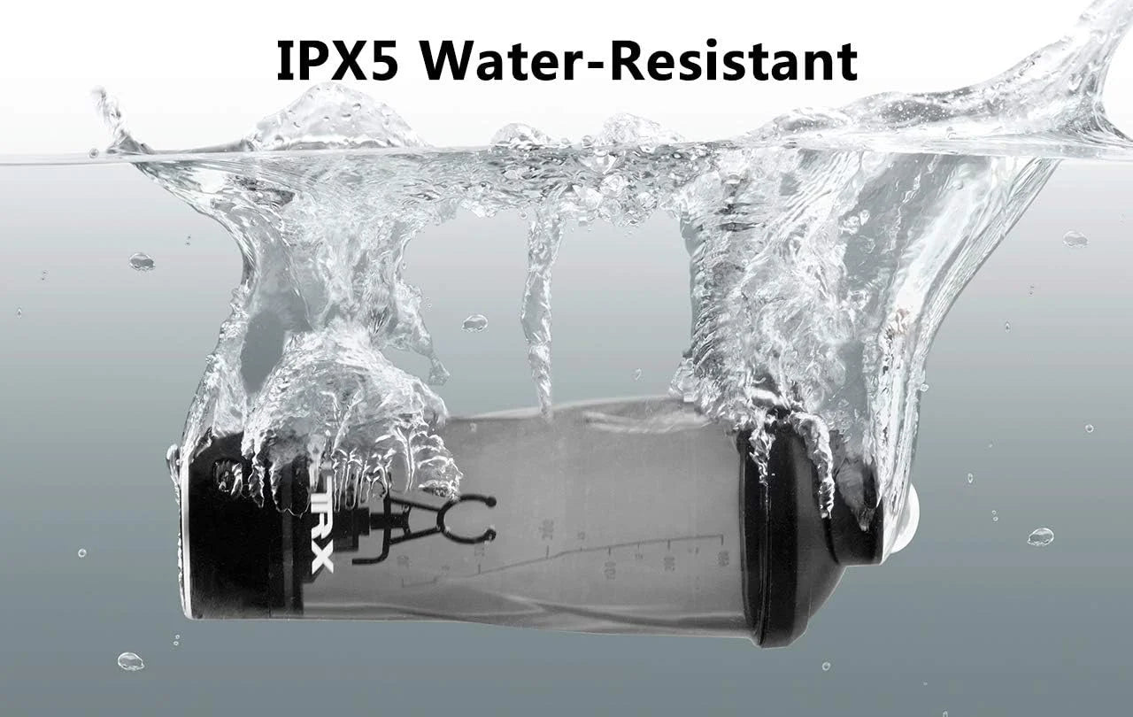 The Premium Electric Protein Shaker Bottle, a USB rechargeable portable mixer cup for fitness protein shakes, is shown partially submerged in water with splashes, highlighting its IPX5 water-resistant feature.