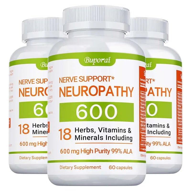 Three bottles of Neuropathy Support Supplement 600mg, each with 60 capsules, feature 18 herbs, vitamins, and minerals including high purity Alpha Lipoic Acid (600mg) and L-Arginine to support the nervous system and boost energy.