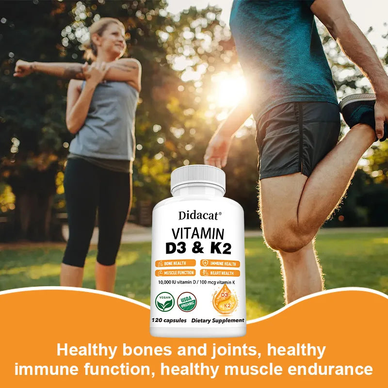 A man and woman stretch outdoors in workout gear; a bottle of Vitamin D3+K2 Supplement 10000IU (D3 & K2 MK-7) for bone, heart, muscle, immune support sits in front. Text: Supports healthy bones, joints, muscles, immunity. Non-GMO.