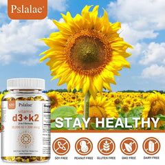A bottle of Vitamin D3+K2 Softgels stands before a sunflower field, with icons for soy free, peanut free, gluten free, GMO free, and dairy free. Text reads STAY HEALTHY. Supports bone, heart & immune system health; improves calcium metabolism.