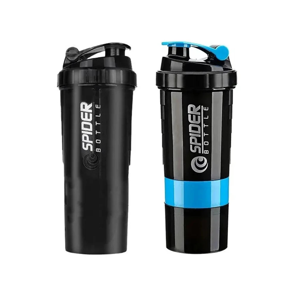 Two 3 Layers Shaker Protein Bottle Powder Shake Cups are shown: the left is solid black, and the right has blue accents and a blue mixing compartment. Both feature flip-top lids, Spider Bottle text, and stylish FEB.WIND designs from Mainland China.