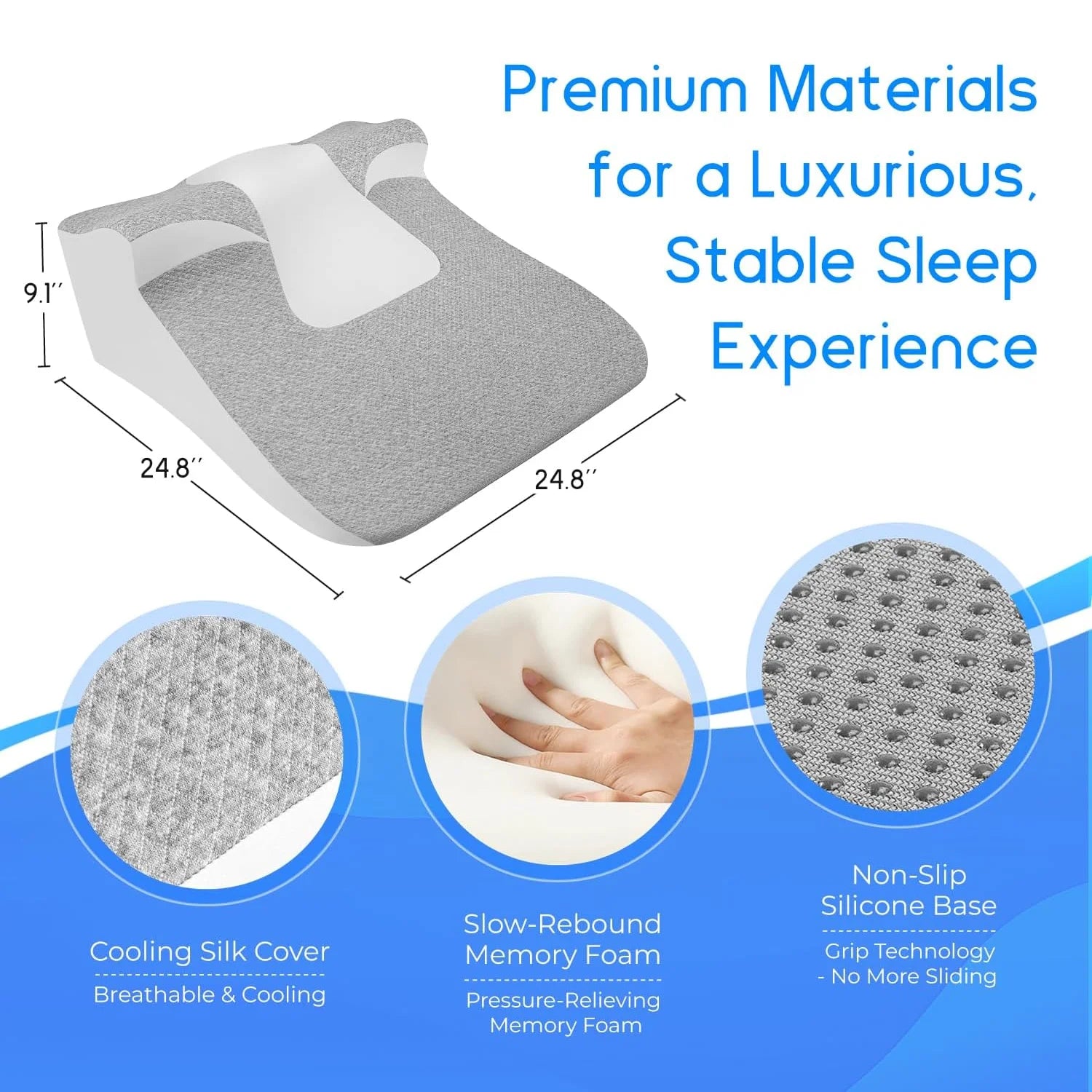 The Bed Wedge Sleeping Pillow (24.8” x 24.8” x 9.1”) for acid reflux and prone sleeping is shown in gray, featuring a cooling silk cover, slow-rebound memory foam, and a non-slip silicone base for stable comfort.