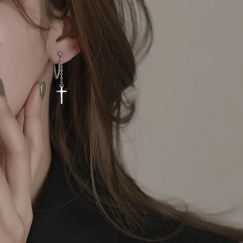 Silver Cross Dangle Drop Earrings