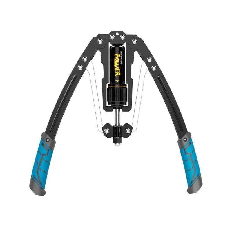 The Adjustable Hydraulic Arm Strength Trainer features black metal arms, blue ergonomic handles, and a central “POWER” tension adjuster—perfect for hand, forearm, and chest muscle training at home.