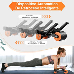 A woman in sportswear uses the Adjustable Abs Training Roller Multifunctional Home Plank Support Abdominal Fitness Wheel for waist and abdomen exercise. A Spanish diagram above illustrates its resistance and rebound features.