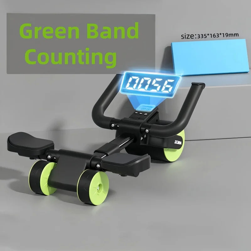 The Adjustable Abs Training Roller, a black and green multifunctional fitness wheel for home gym use, features dual handles and a digital counting display. Displayed on a gray background with Green Band Counting and product size info shown.