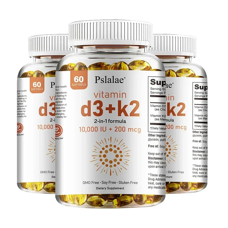 Three bottles of Vitamin D3 with K2 – Immune Support, Healthy Muscle Function and Bone Health, each containing 60 softgels with 10,000 IU + 200 mcg in a 2-in-1 formula; non-GMO, soy free, and gluten free.