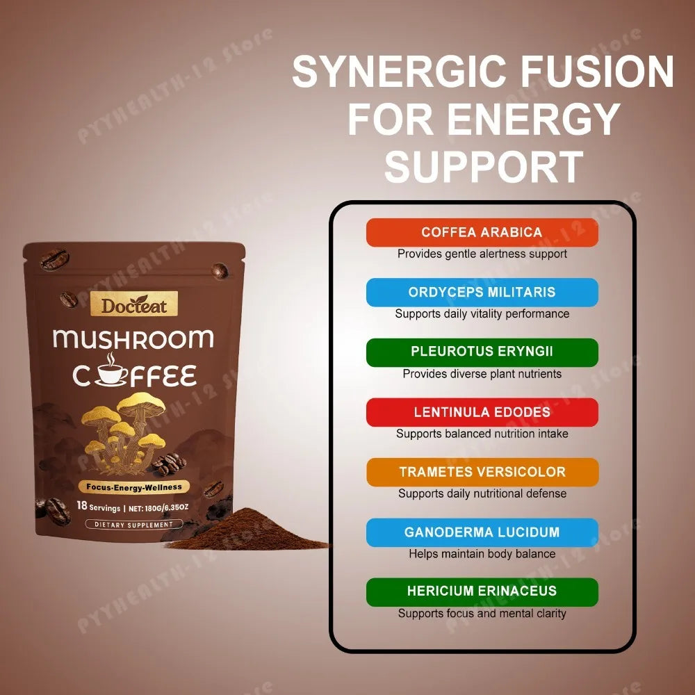 Docteat Mushroom Coffee Powder with Cordyceps, Lion's Mane, Reishi, Shiitake & Turkey Tail for Focus, Energy & Wellness, 180g