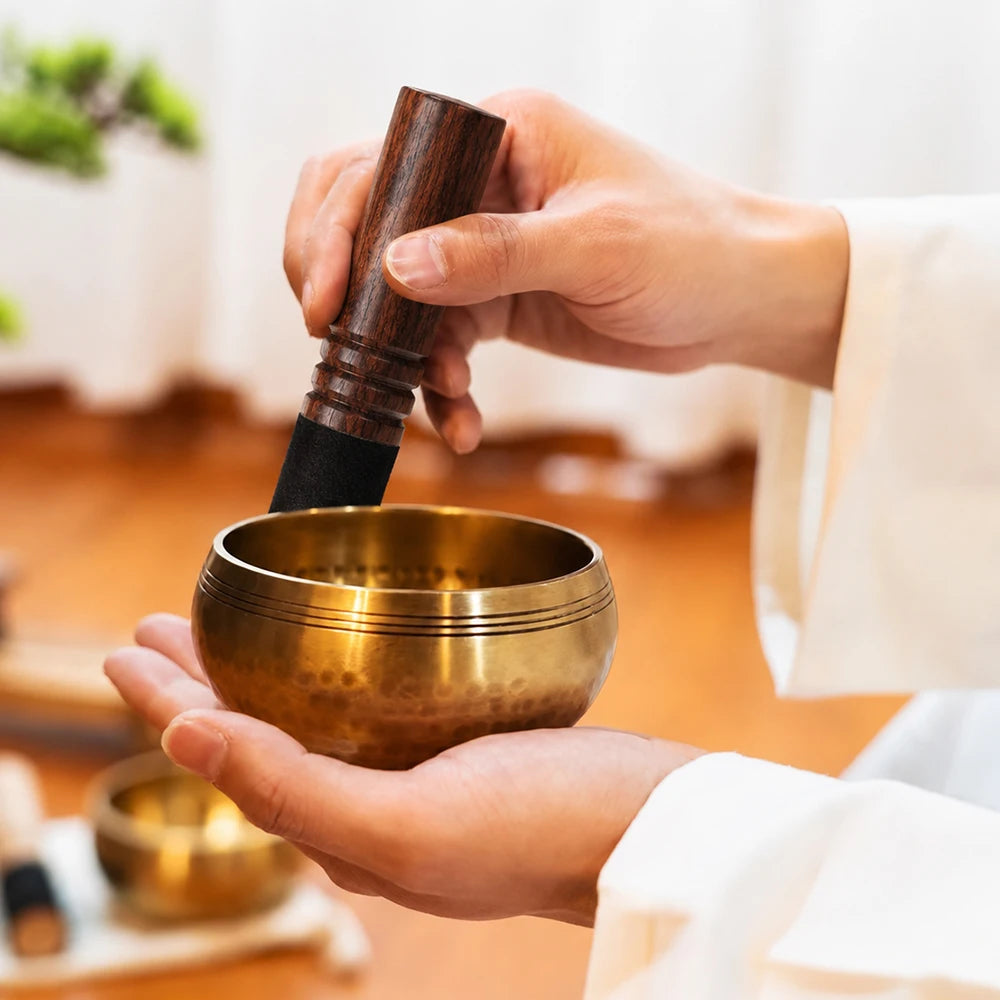 Handcrafted Brass Meditation Singing Bowl Set