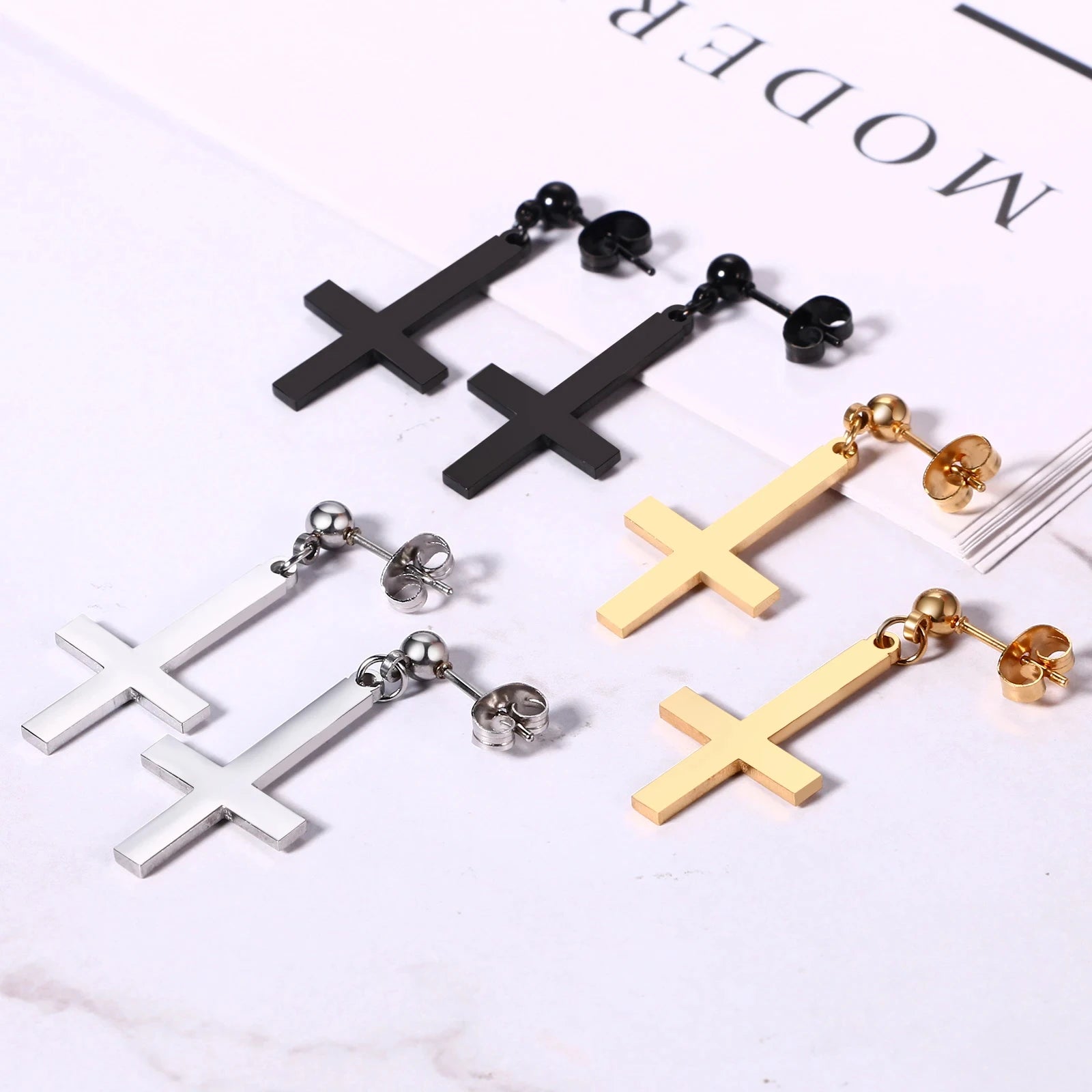 Stainless Steel Inverted Cross Stud Earrings