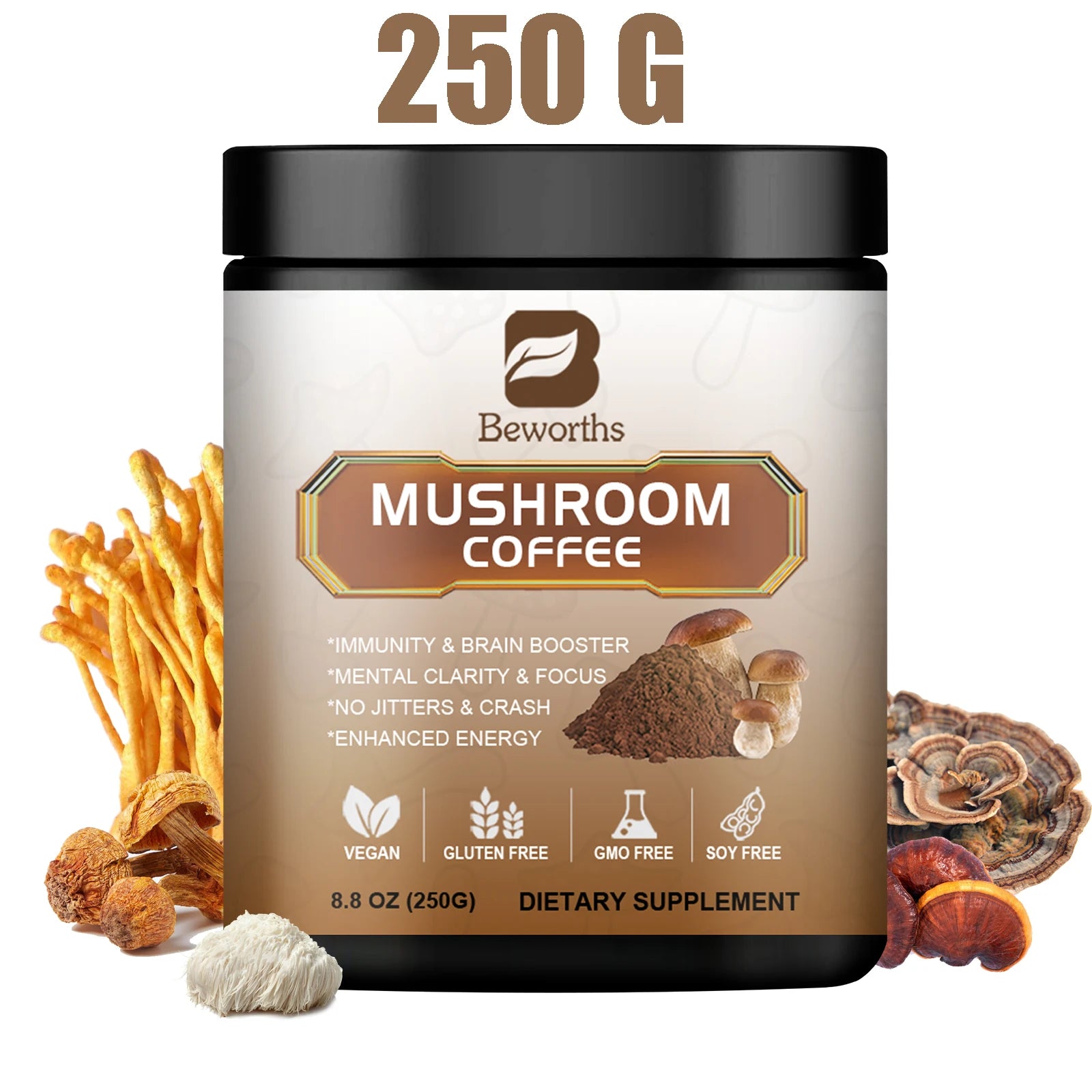 BWEORTHS Mushroom Coffee (70/120/250g) with Reishi & Lion’s Mane supports immunity, focus, and memory. It's labeled NO-GMO, vegan, gluten-free, and soy-free. Packaging features mushrooms and coffee powder images.