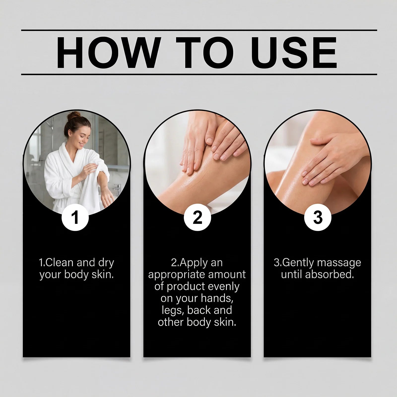 A three-step How to Use guide with images: 1. Clean and dry skin, 2. Apply Collagen Anti-Cellulite Massage Oil on hands, legs, back, and body, 3. Gently massage to nourish, tighten, and repair dry skin until absorbed.
