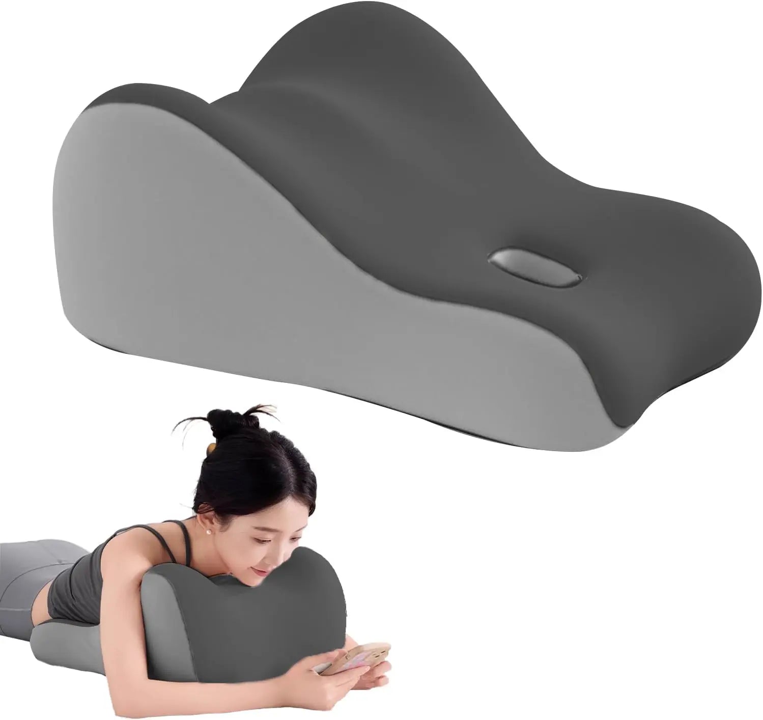 A woman lies face down using the Intimacy Support Wedge Pillow for Couples, a gray memory foam positioning cushion with a washable cover, designed for back, neck, and waist pain relief; a separate image of the pillow is shown above her.