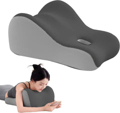 A woman lies face down using the Intimacy Support Wedge Pillow for Couples, a gray memory foam positioning cushion with a washable cover, designed for back, neck, and waist pain relief; a separate image of the pillow is shown above her.
