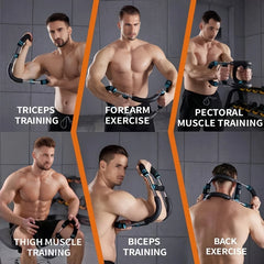 Six images show a man using the Adjustable Resistance Stainless Steel Chest And Arm Trainer for upper body workouts, targeting triceps, forearms, pectorals, thighs, biceps, and back muscles with labeled strength exercises.