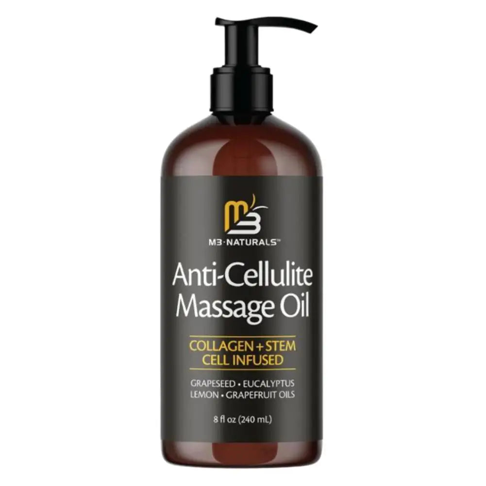 A brown 8 fl oz (240ml) bottle labeled Collagen & Stem Cell Anti-Cellulite Massage Oil features grapeseed, eucalyptus, lemon, and grapefruit oils. Unisex formula helps improve skin firmness and promotes cell longevity. One unit.
