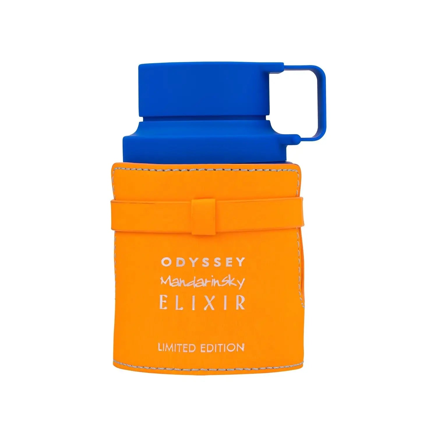 A blue bottle with handle, in a bright orange holder labeled "Armaf Odyssey Unisex Perfume Spray, Mandarin Sky Elixir, Limited Edition, 3.4 oz," features an alcohol-free fragrance, isolated on a white background.