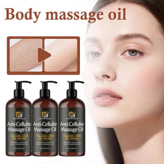 A close-up of a woman’s face with three bottles of 240ml Collagen & Stem Cell Anti-Cellulite Massage Oil in front. A small inset shows oil being applied to skin. Text: “Improves Skin Tender and Firm, Promotes Cell Longevity.”.