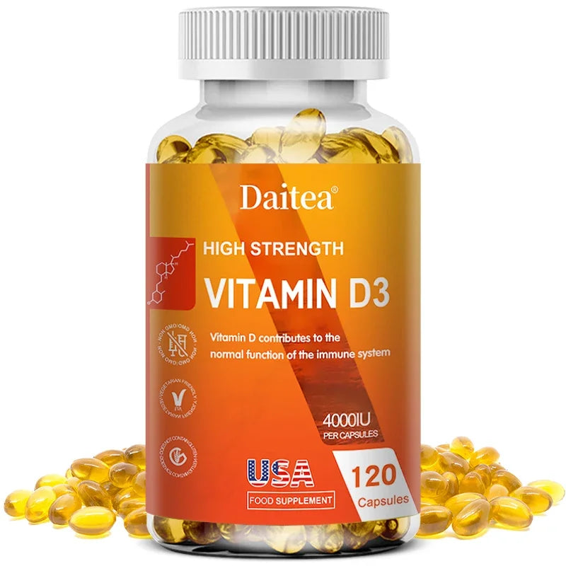 A bottle of Vitamin D3 Capsules 4000IU with 120 yellow capsules for immune, bone, muscle, and nervous system support. Orange-toned label with icons; capsules scattered around the bottle. Promotes calcium absorption and overall health.