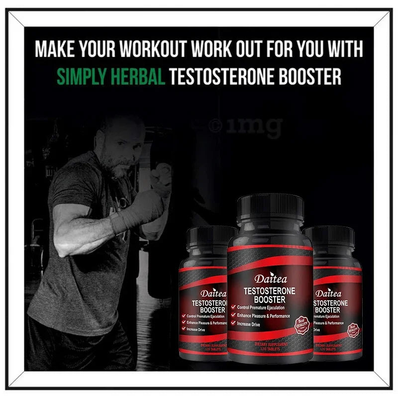 A muscular man wearing gloves punches a boxing bag in the background. In the foreground, three bottles of Muscle Builder Capsules—Muscle Mass Increase, Anabolic Activity Support, Muscle Development—are displayed. Text above reads: Make your workout work out for you.