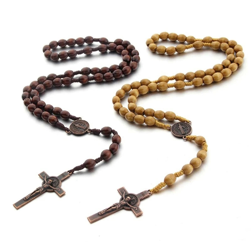 Wooden Rosary Cross Prayer Necklace