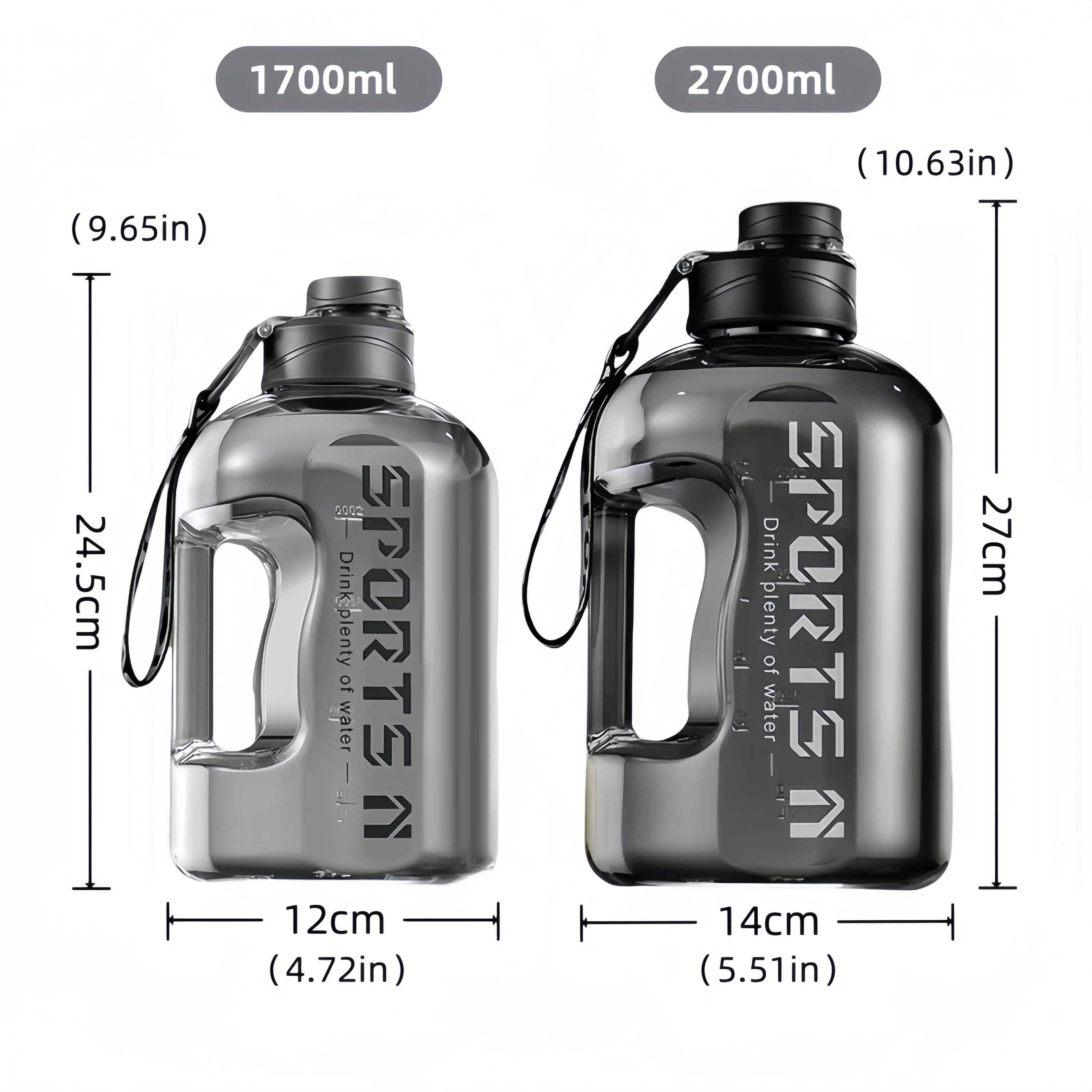 1.7/2.7L Large Capacity Sports Water Bottle Plastic Drinking Bottles with Time Scale Outdoor Camping Hiking Gym Men Water Kettle