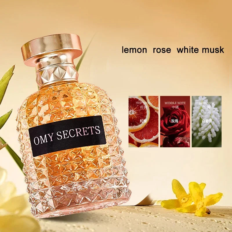 A decorative bottle labeled Rivet Series Fresh Perfume stands beside bergamot, rose, and white musk images. Yellow flowers hint at its woody, fruity, floral scent. This alcohol-free ladies deodorant offers a long-lasting light fragrance.