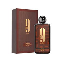 Afnan 9 PM Elixir Unisex Extrait de Parfum, 3.4 Fl. Oz comes in a rectangular brown bottle with gold geometric designs and bold gold lettering, paired with a matching box and finished with a round black cap.