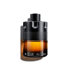 A 100ML bottle of Azzaro The Most Wanted Parfum Intense Men's Cologne, featuring a black, revolver cylinder-like textured cap and amber liquid, is displayed against a white background.