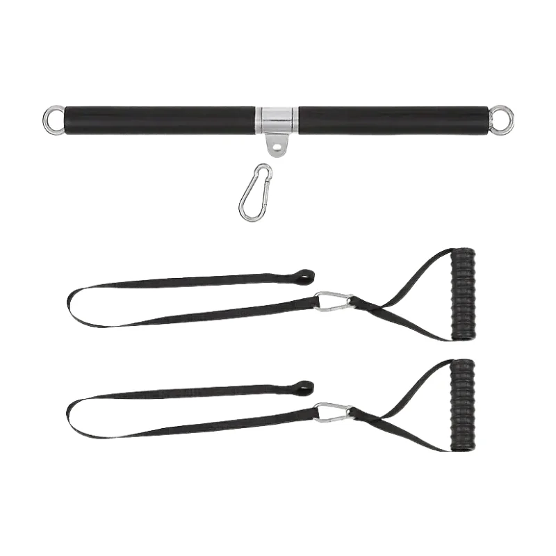 The Tricep Biceps Back Blaster Rope Lat Pull Down Attachment features a black metal bar with dual loops, a central clip, and two detachable resistance bands with ribbed handles—perfect for chest and muscle workouts—shown on a white background.