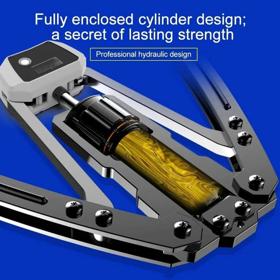 Close-up of the Twister Arm Exerciser—A Type hydraulic device (adjustable 22-440lbs), featuring a fully enclosed cylinder and sturdy metal parts, displayed on blue with text showcasing its strength for effective muscle training.