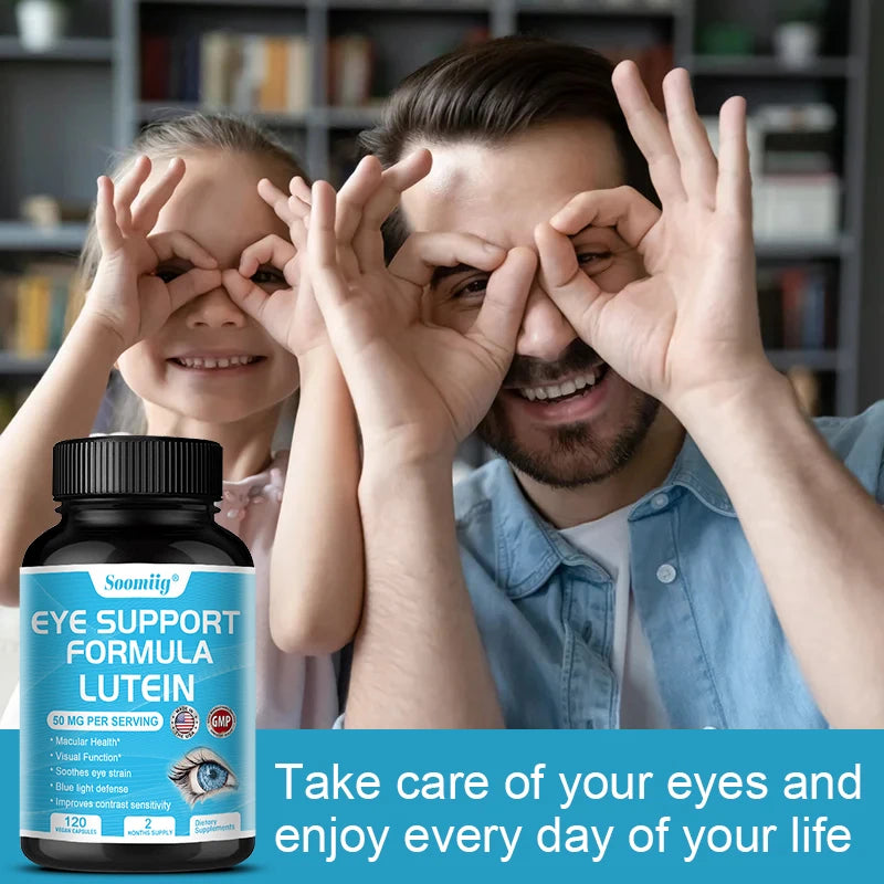 A smiling man and young girl make glasses with their hands beside a bottle of Lutein Capsules—containing Zeaxanthin to maintain healthy vision, improve eye edema, promote visual function, and protect the retina. Take care of your eyes every day.