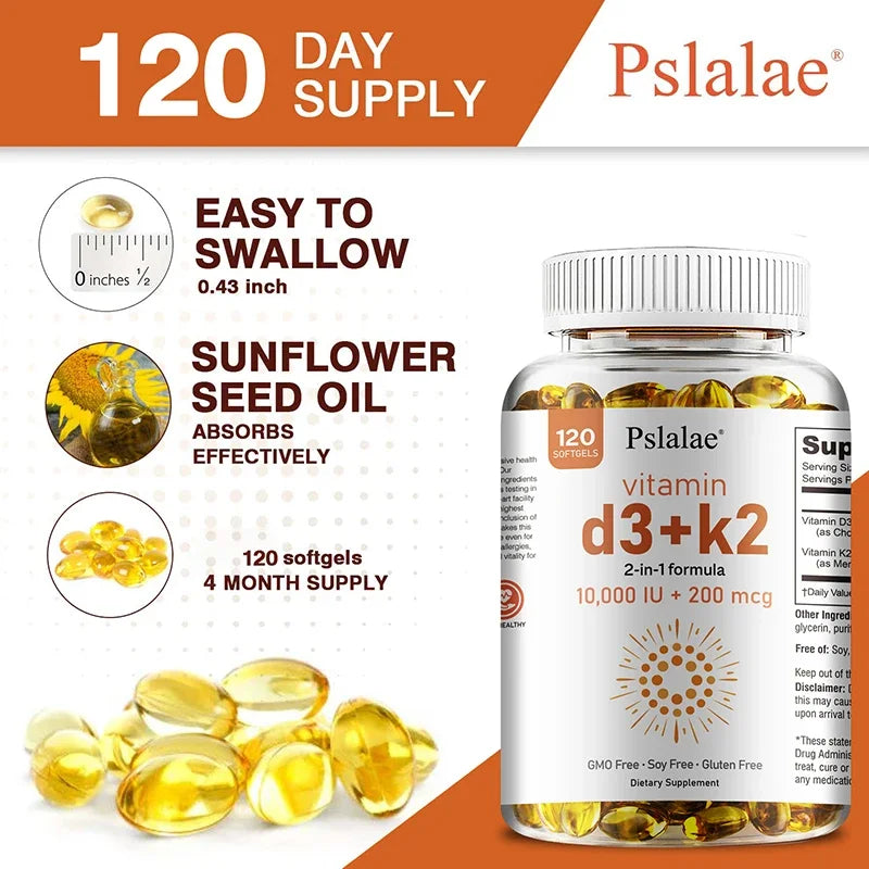 Vitamin D3+K2 Softgels—120 easy-to-swallow (0.43") softgels with sunflower seed oil for better absorption. Four-month supply to support bone, heart, and immune health. Yellow softgels shown on bottle label.