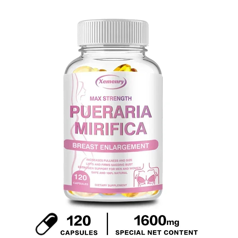 A bottle labeled "PUERARIA MIRIFICA - Breast Supplement To Support Bigger, Rounder, Firmer Breasts" with 120 unisex capsules (1600mg), promotes fullness and firmness as a dietary supplement.