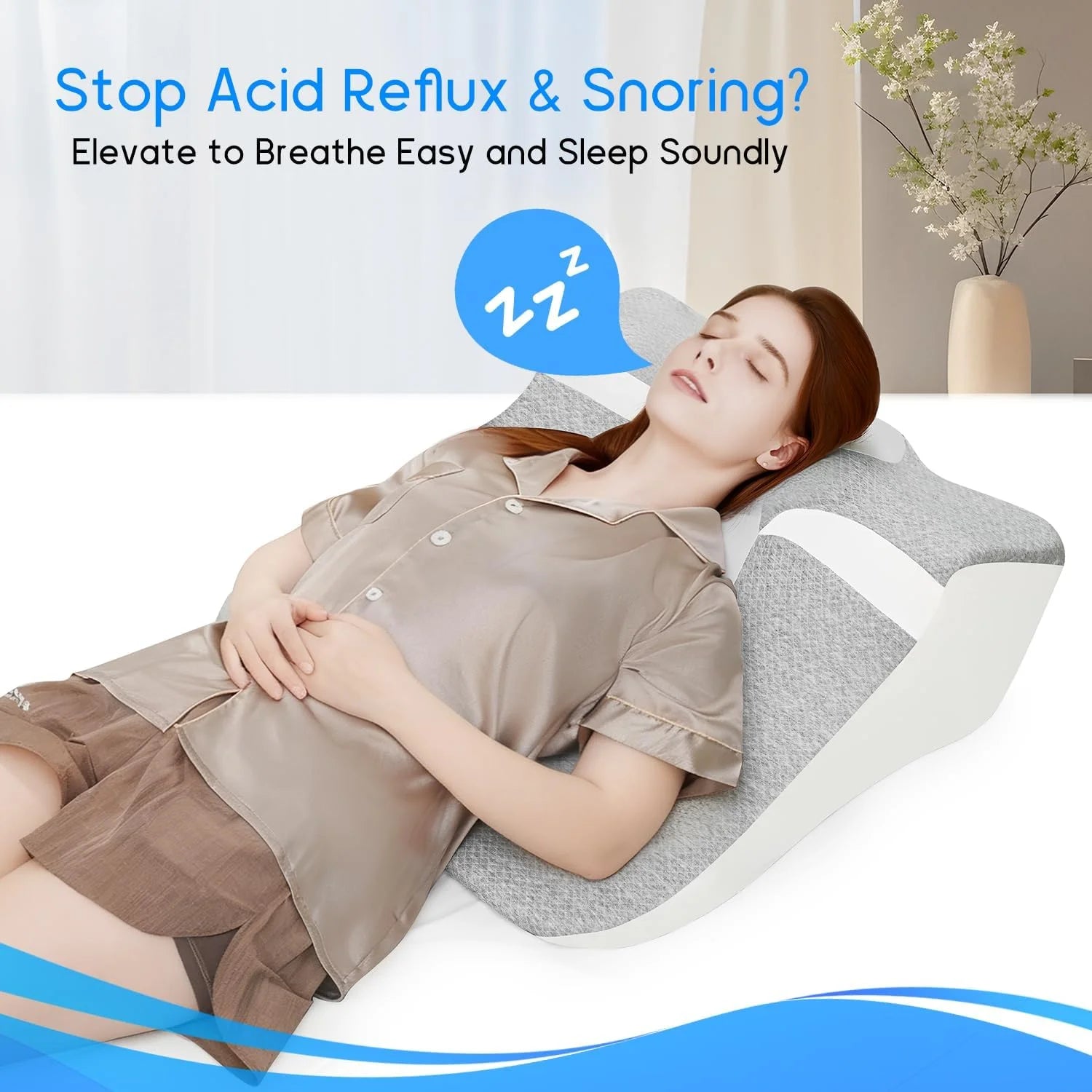 A woman in satin pajamas rests comfortably on the Bed Wedge Sleeping Pillow for Acid Reflux or Prone Position. Text and a “zzz” icon highlight its benefits for snoring relief, with a plant in the background.