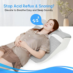 A woman in satin pajamas rests comfortably on the Bed Wedge Sleeping Pillow for Acid Reflux or Prone Position. Text and a “zzz” icon highlight its benefits for snoring relief, with a plant in the background.