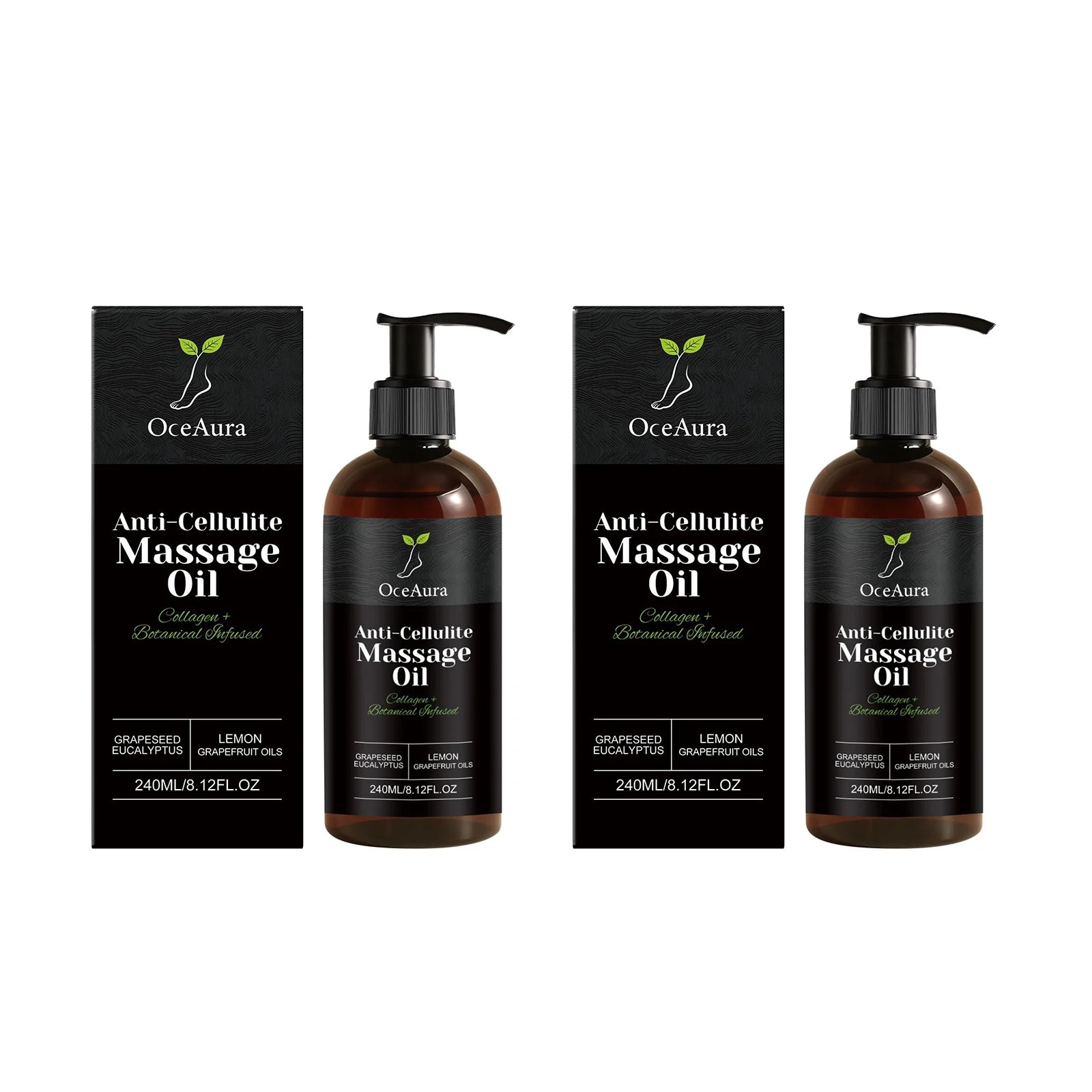 Two bottles of Collagen Anti-Cellulite Massage Oil with pump dispensers sit in front of black boxes showcasing product details and natural ingredients like grapefruit, eucalyptus, and lemon.