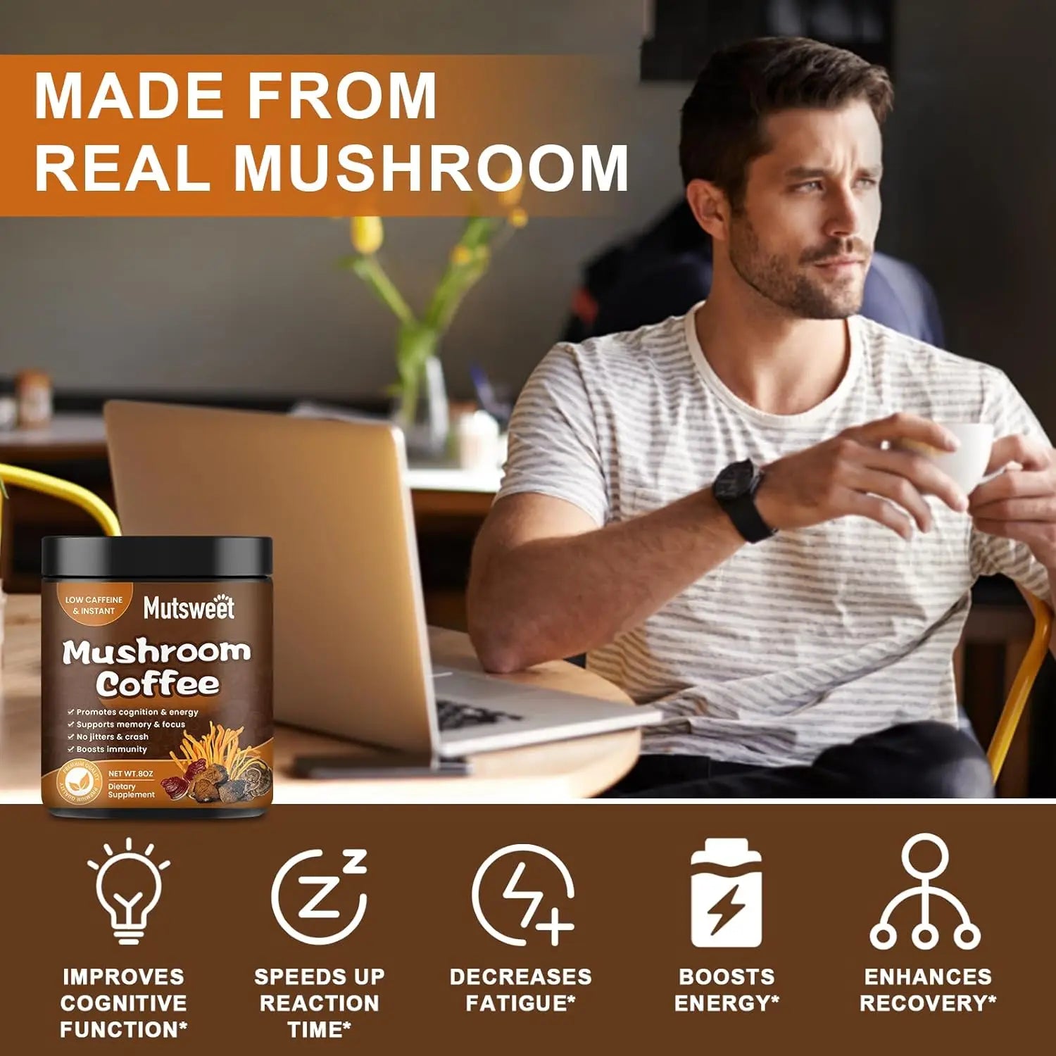 A man sits at a table with a laptop, holding a cup of coffee. In front is MUTSWEET Lion's Mane Mushroom Coffee Supplement with Reishi, Cordyceps & Turkey Tail for energy, mental clarity, focus, and brain boost.