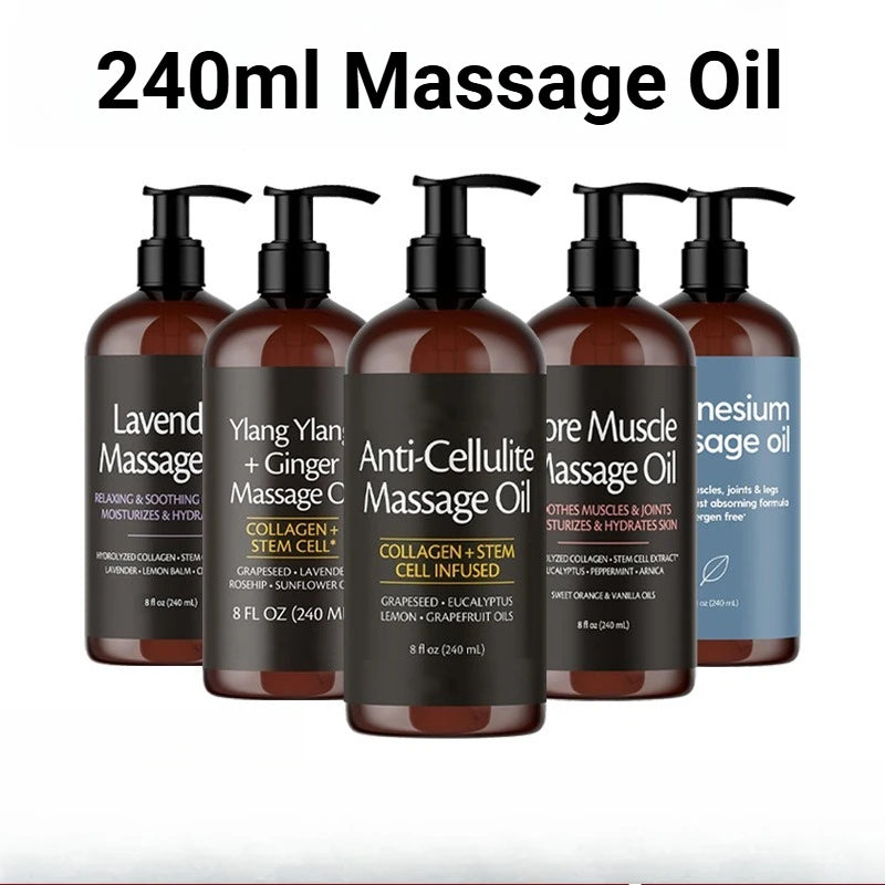 Five bottles of Skin Firming Body Massage Oil 240ml (Lavender, Ylang Ylang + Ginger, Anti-Cellulite, Sore Muscle, Magnesium) are displayed; each offers moisturizing, collagen-enriched skin care and aromatherapy benefits.