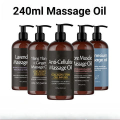 Five bottles of Skin Firming Body Massage Oil 240ml (Lavender, Ylang Ylang + Ginger, Anti-Cellulite, Sore Muscle, Magnesium) are displayed; each offers moisturizing, collagen-enriched skin care and aromatherapy benefits.