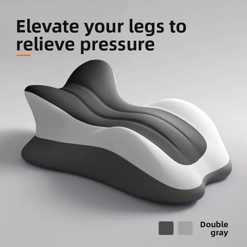 A Memory Foam Bed Wedge Pillow for anti-snoring, acid reflux relief, and leg elevation is shown in gray on a light background. Bold text reads “Elevate your legs to relieve pressure.” Color options and Double gray label are displayed. No batteries included.